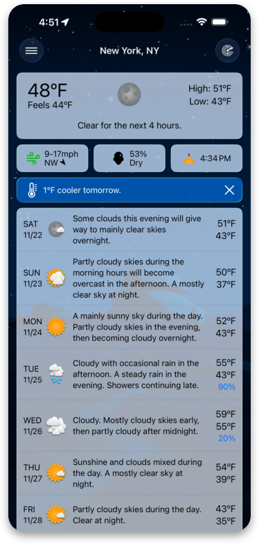 Forecast Bar main screen showing a clear night forecast for New York
