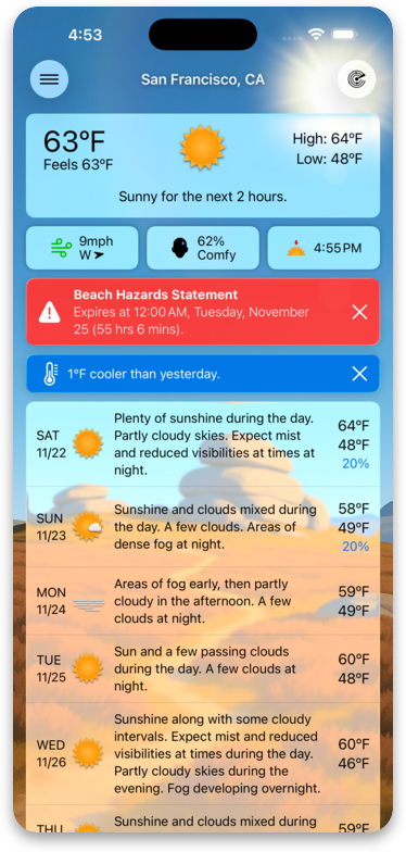 Forecast Bar showing a sunny San Francisco forecast with an active weather alert