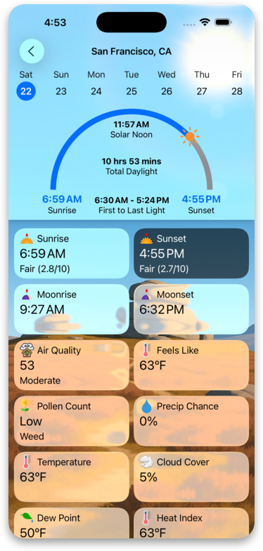 Detail view with sun path, air quality, pollen count, and more data points