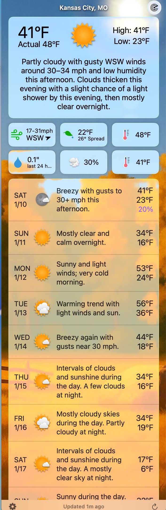 Forecast Bar menu bar popover on macOS showing current conditions and a 10-day forecast