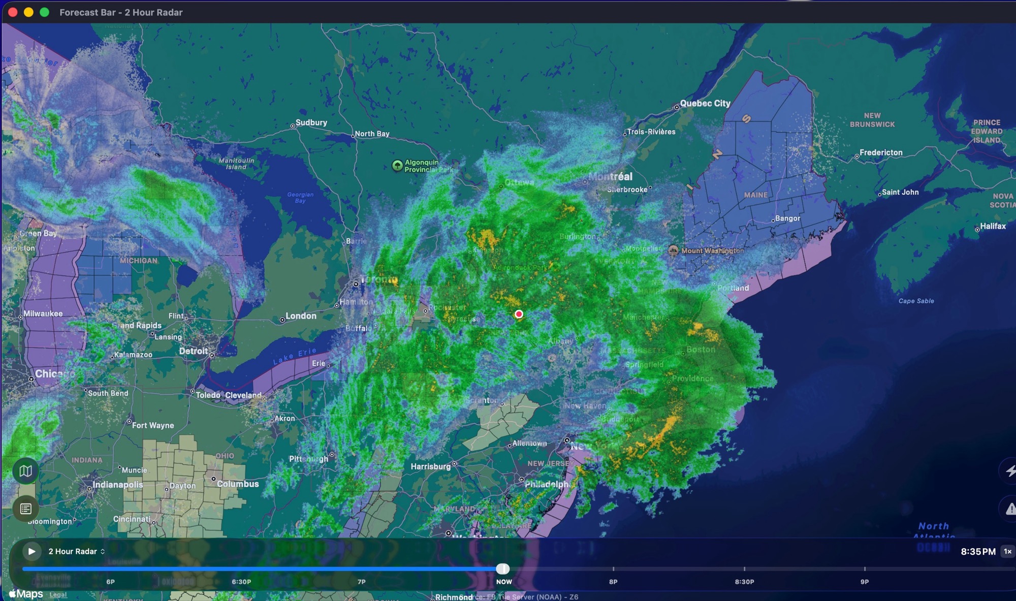 Forecast Bar radar window on macOS showing a storm system over the Northeast